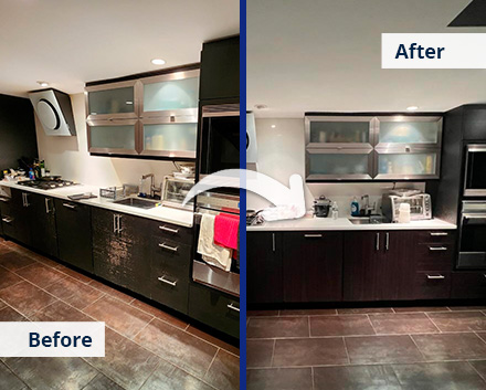 Before: Scuffed Manhattan Kitchen Cabinets; After: Refaced With Roseburg Jubilee Cherry Cabinets by Cabinet Reface Direct
