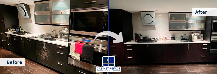 Before: Scuffed Manhattan Kitchen Cabinets; After: Refaced With Roseburg Jubilee Cherry Cabinets by Cabinet Reface Direct