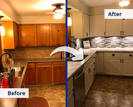 Old and Scratched Cabinets Before Cabinet Refacing and Then Their White Modern Versions After